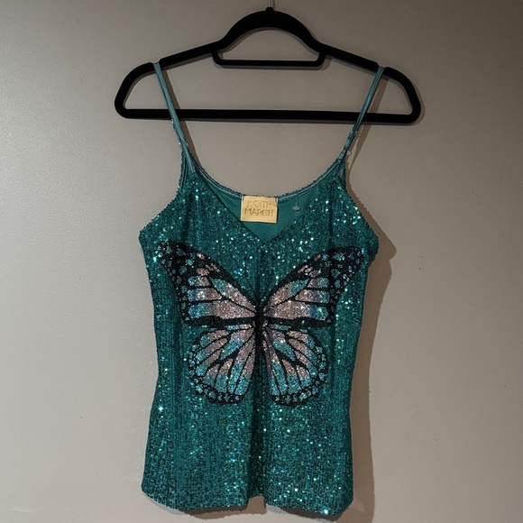 Judith March Tops - Judith March Teal Sequin Butterfly Camisole